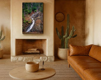 Rocky Waterfall Wall Art, Vertical Forest Photography, Mountain Cascade Nature Print for Rustic Cabin and Living Room Decor