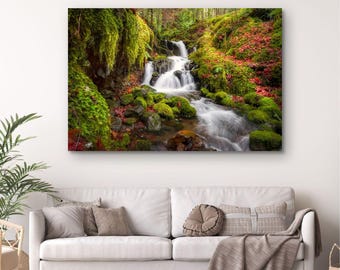 Calming Tranquil Nature Waterfall Wall Art Print, Mossy Forest Photography, Ethereal Pacific Northwest Wall Art Print
