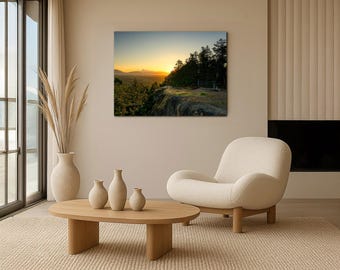 Forest Sunset Canvas Wall Art, Golden Hour Evergreen Tree Landscape, Rustic Woodland Decor for Cabin or Lodge