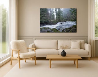 Misty Waterfall Wall Art, Green Woodland Stream Canvas, Calm Nature Decor for Zen Room, Cabin or Spa