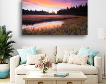 Sunset Landscape Wall Art, Misty Mountain Lake Photograph, Large Nature Canvas Decor for Gallery Wall or Home