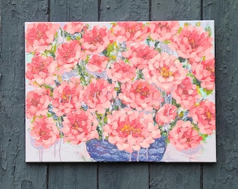 Peonies in Blue I, Original Signed Painting on Canvas 18x24