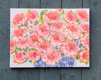 Peonies in Blue II, Original Signed Painting on Canvas 18x24