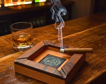 Personalized Walnut Cigar Ashtray with Engraved Slate, Custom Gift for Him, Luxury Wood Cigar Accessories
