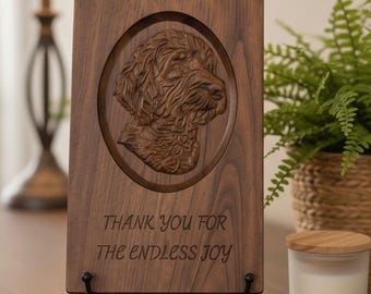 Engraved Wooden Pet Memorial Plaque – Personalized Dog Portrait Keepsake