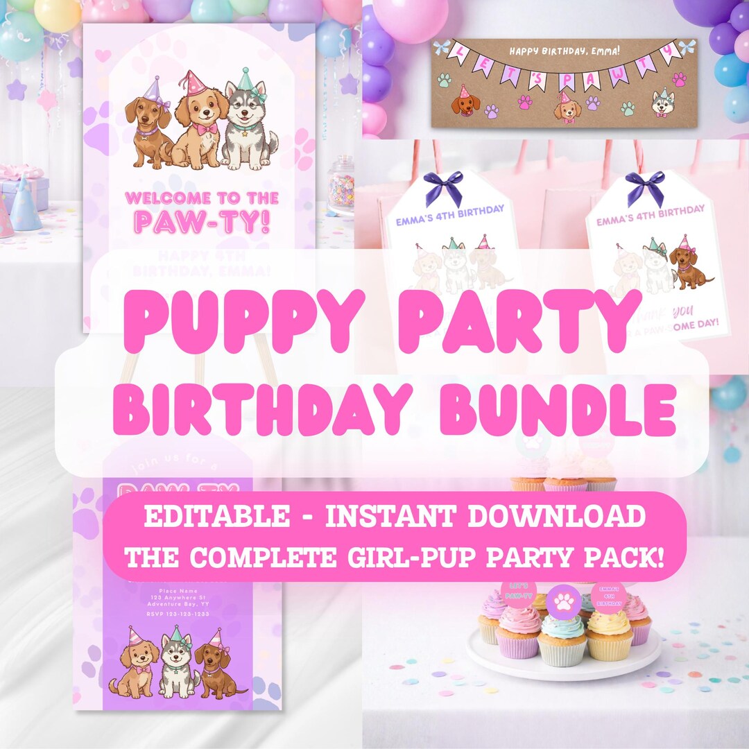 Puppy Party Birthday Bundle Girl | Editable Puppy Birthday Invitation ...