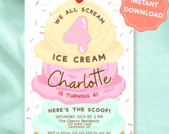 Ice Cream 4th Birthday Invitation | We All Scream Four Ice Cream | Fourth Birthday Party Invite | Summer Ice Cream Theme | Editable Template