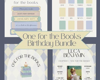 One for the Books Birthday Bundle | Editable Canva Templates | Storybook 1st Birthday Invite, Milestone Poster, Welcome Sign, Month Board