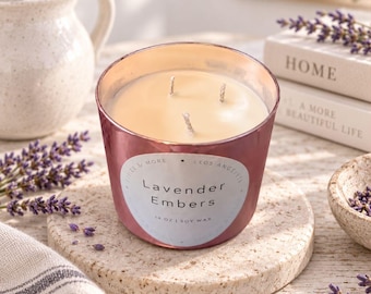 Lavender Soy Candle Triple Wick Tin Container Rose Gold Home Fragrance Gift Set Relaxation Spa Bath Luxury Scented Large Bedroom Ambiance