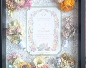 Hochzeits-Schattenbox – erhaltene Einladung & Blumen – personalisierter Erinnerungsrahmen – Erbstück-Erinnerung