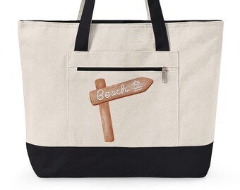 Beach Sign Zippered Canvas Tote Tropical Beach Lake Bag