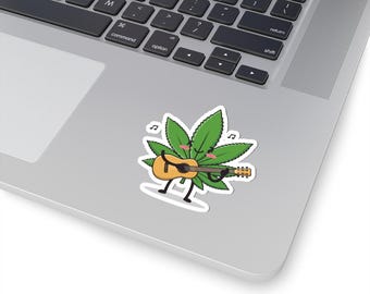 Smiling Cannabis Leaf Playing Guitar Sticker Kiss-Cut Funny marijuana leaf decal cute gift stoner