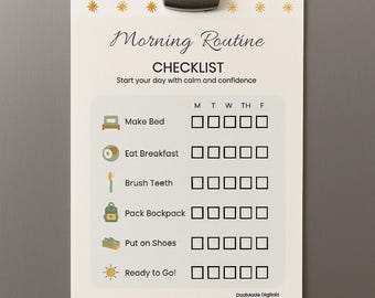 May include: A white checklist titled "Morning Routine" with a magnetic clip. The checklist includes tasks like "Make Bed" and "Eat Breakfast" with checkboxes for each day of the week. The text "Start your day with calm and confidence" is also included.