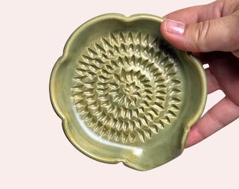 Handmade Garlic Grater – Ceramic Flower Dish, Ginger Zester, Olive Oil Plate, Sage Green Kitchen Gift for Her