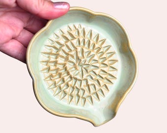 Handmade Garlic Grater – Ceramic Flower Grater Dish, Ginger Zester, Olive Oil Plate, Aqua Agate Celadon Kitchen Gift for Her