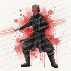 Fan Art Darth Maul Acuarela – Star Wars Descarga Digital JPG – Póster Sith, Arte Lightsaber Rojo, Decoración Geek