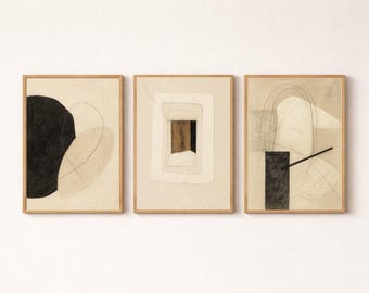 Abstract Wall Art Set of 3, Neutral Minimalist Triptych, Modern Beige Wall Decor