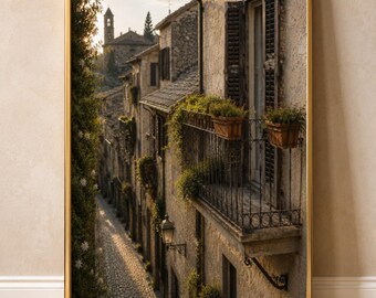 Puede incluir: Una impresión de arte mural vertical enmarcada que representa una calle estrecha de adoquines en un antiguo pueblo europeo al atardecer. La escena muestra edificios de piedra con contraventanas de madera oscura y un balcón de hierro forjado.