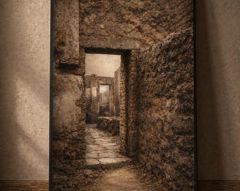 Puede incluir: Impresión enmarcada que representa un antiguo corredor de piedra con una puerta arqueada que conduce a un patio soleado. Las paredes están texturizadas con piedras en bruto en tonos marrones y beige, creando una sensación de profundidad e historia. La obra de arte se exhibe sobre un suelo de madera.