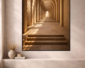 Puede incluir: Impresión enmarcada de un largo corredor con techos y paredes arqueadas. La luz del sol crea sombras. La paleta de colores es cálida, con tonos beige y marrón. La imagen tiene una estética minimalista, evocando profundidad y perspectiva.