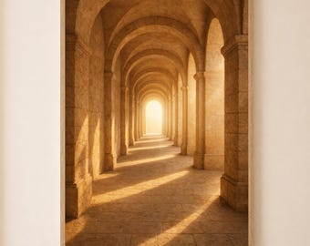 Puede incluir: Impresión enmarcada de un largo corredor abovedado con columnas de piedra y suelo de piedra. El corredor conduce a una luz brillante al final. La imagen está en tonos cálidos y terrosos, con sombras proyectadas por los arcos.