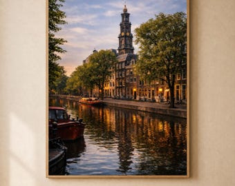 Puede incluir: Una impresión enmarcada de una escena de canal en Ámsterdam. La imagen presenta una alta torre del reloj, edificios, árboles y barcos a lo largo del agua. El agua refleja los edificios y el cielo, creando una vista simétrica. El cielo es una mezcla de azul y naranja.