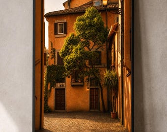 Puede incluir: Una impresión de arte mural enmarcada que representa un estrecho patio empedrado entre dos edificios altos de color ocre. Un gran árbol verde se encuentra en el centro, con hiedra trepadora en la pared izquierda, puertas de madera oscura y un farol.