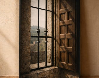 Puede incluir: Impresión enmarcada de una ventana con vistas a un paisaje montañoso. La ventana tiene una reja de metal negro y una contraventana de madera. La pared de piedra y el marco son de color marrón oscuro, con un fondo borroso de montañas.