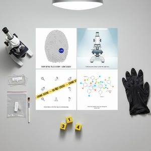 Op de afbeelding: Een compositie met forensisch wetenschappelijk thema met een microscoop, een vingerafdrukillustratie, afzetlint, een moleculair diagram en een zwarte handschoen. Inclusief dobbelstenen met de nummers 1, 3 en 4. De tekst luidt "Every detail tells a story - look closely."