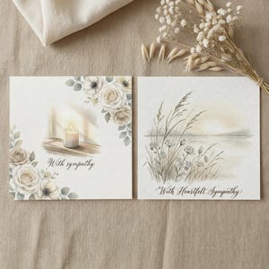 Puede incluir: Dos tarjetas de condolencia con ilustraciones en acuarela. Una tarjeta presenta una vela encendida junto a una ventana, rodeada de flores, con el texto "With sympathy". La otra muestra un paisaje sereno con hierba alta y el texto "With Heartfelt Sympathy."