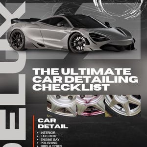Może przedstawiać: Reklama usług detailingu samochodowego z srebrnym samochodem sportowym. Obraz zawiera tekst "DETAIL DISTRICT" i "THE ULTIMATE CAR DETAILING CHECKLIST" oraz listę usług.
