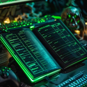 May include: A black notebook, open to display grid-like pages, with bright green illumination around the edges. The scene includes a keyboard, controller, and a skull ornament, all bathed in green light, suggesting a tech or gaming theme.