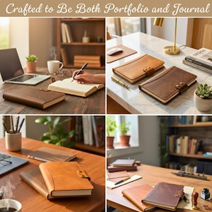 Puede incluir: Un collage de im&aacute;genes que muestra diarios y portafolios de cuero. Los diarios son de varios tonos marrones y beige, con cierres de bot&oacute;n. El texto "Crafted to Be Both Portfolio and Journal" est&aacute; en la parte superior. Los diarios se muestran en escritorios de madera.