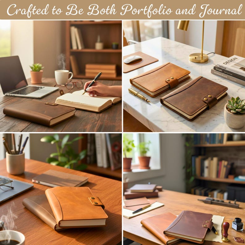 Puede incluir: Un collage de im&aacute;genes que muestra diarios y portafolios de cuero. Los diarios son de varios tonos marrones y beige, con cierres de bot&oacute;n. El texto "Crafted to Be Both Portfolio and Journal" est&aacute; en la parte superior. Los diarios se muestran en escritorios de madera.