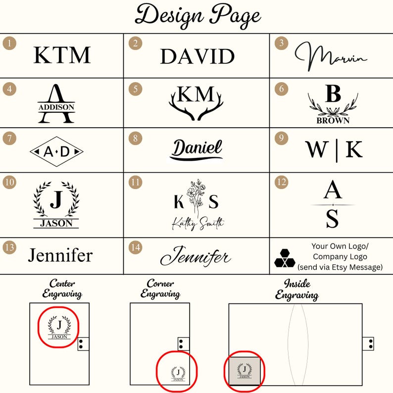 Puede incluir: Una p&aacute;gina de dise&ntilde;o que presenta varias opciones de grabado. Muestra ejemplos de texto y logotipos, incluyendo nombres como "KTM", "David" y "Jennifer", e iniciales. La p&aacute;gina tambi&eacute;n ilustra diferentes ubicaciones de grabado: centro, esquina e interior.