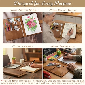 Puede incluir: Una colecci&oacute;n de cuadernos y blocs de bocetos de cuero marr&oacute;n. Un bloc de bocetos presenta una ilustraci&oacute;n floral. La imagen incluye el texto "Designed for Every Purpose" y "Your Sketch Book", "Your Recipe Book", "Your Journal" y "Your Portfolio".