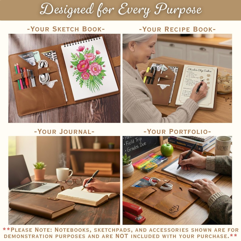 Puede incluir: Una colecci&oacute;n de cuadernos y blocs de bocetos de cuero marr&oacute;n. Un bloc de bocetos presenta una ilustraci&oacute;n floral. La imagen incluye el texto "Designed for Every Purpose" y "Your Sketch Book", "Your Recipe Book", "Your Journal" y "Your Portfolio".