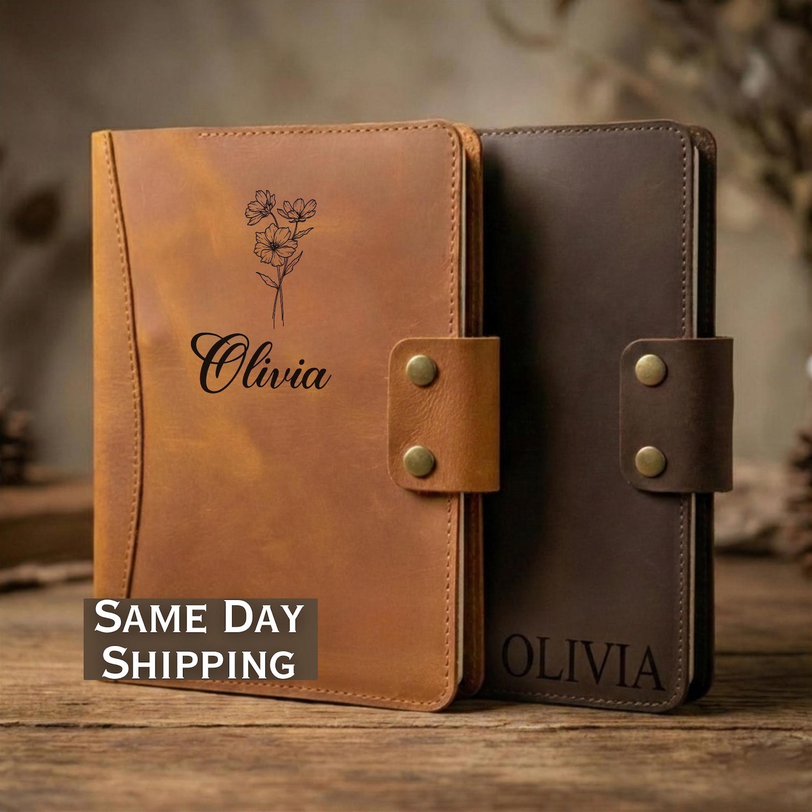 Birthday Gift Personalized Leather Journal Portfolio w/ Flower Gift for Girlfriend Cosmos, Rose Lily Engraved Refillable Notebook Organizer