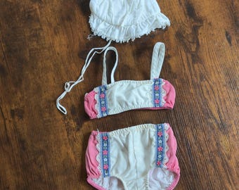 Vintage Suzanne Godart Suntogs Infant 3-Piece Swimwear Set Bonnet Lord & Taylor