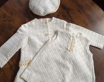 Conjunto vintage de 3 piezas para niña Ruth of Carolina, estilo mod geométrico floral, vestido, chaqueta y sombrero.