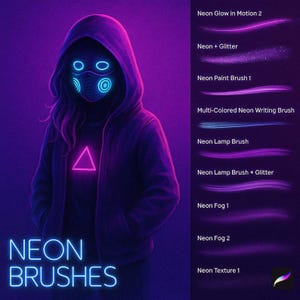 May include: Digital art featuring a person in a purple hoodie and mask with neon accents. The image includes the text "NEON BRUSHES" and examples of neon brush strokes, such as "Neon Glow in Motion 2" and "Neon + Glitter."