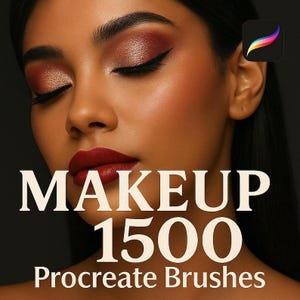 Może przedstawiać: Kobieta z zamkniętymi oczami, w makijażu, w tym z czerwoną szminką i cieniem do powiek. Obraz zawiera tekst "MAKEUP 1500 Procreate Brushes" pogrubioną, białą czcionką. Kolorowe logo znajduje się w prawym górnym rogu.