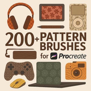 Op de afbeelding: Illustratie met diverse digitale kunstgereedschappen, waaronder een koptelefoon, een tablet, een stylus, een muziekspeler, een gamecontroller, een muis, een laptop en een camera. De tekst luidt "200+ Pattern Brushes for Procreate."
