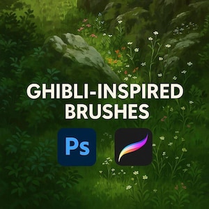 May include: Image featuring the text "GHIBLI-INSPIRED BRUSHES" over a lush green background with rocks and flowers. The image includes the Photoshop and Procreate app icons, suggesting digital art tools.