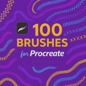 May include: A purple graphic with the Procreate app logo and the text "100 BRUSHES for Procreate" in yellow and white. The background features colorful brushstroke designs in yellow, blue, and purple.