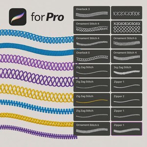May include: Digital art brushes for Procreate, featuring various stitch and zipper designs. The image displays examples of Overlock, Ornament Stitch, Zig Zag Stitch, and Zipper patterns in different colors and styles. The text "for Pro" is also visible.