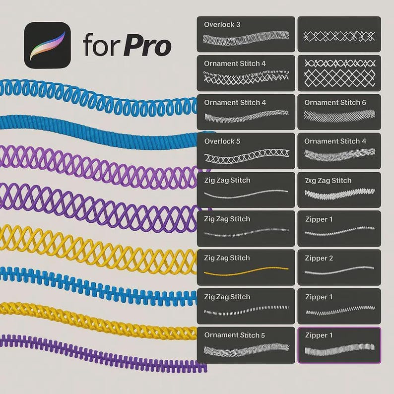 May include: Digital art brushes for Procreate, featuring various stitch and zipper designs. The image displays examples of Overlock, Ornament Stitch, Zig Zag Stitch, and Zipper patterns in different colors and styles. The text "for Pro" is also visible.
