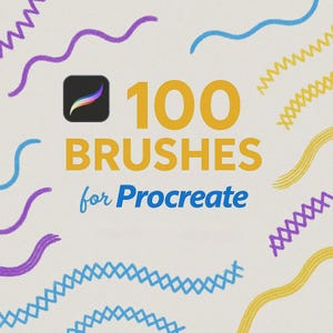 May include: A digital art graphic with the text "100 BRUSHES for Procreate" in yellow and blue. The image includes the Procreate app logo and colorful brushstroke designs in purple, blue, and yellow on a white background.