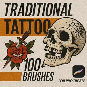 May include: Digital illustration with a skull, a dagger through a rose, and the words "Traditional Tattoo" and "100+ Brushes". The Procreate logo is in the bottom right corner. The image has a vintage aesthetic.