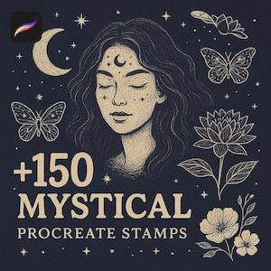 Pode incluir: Gráfico de arte digital com fundo azul escuro apresenta o rosto de uma mulher com os olhos fechados, uma lua crescente na testa e estrelas. A imagem inclui borboletas, flores e o texto "+150 MYSTICAL PROCREATE STAMPS."